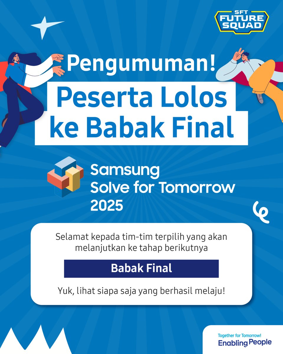 skilvul's tweet photo. PENGUMUMAN RESMI!

Setelah rangkaian AI Amplification Workshop &amp; Mentoring Session, akhirnya terpilih tim-tim terbaik yang melaju ke Babak Final Samsung Solve for Tomorrow 2025! 🎉 https://t.co/DqYqLcSkWx