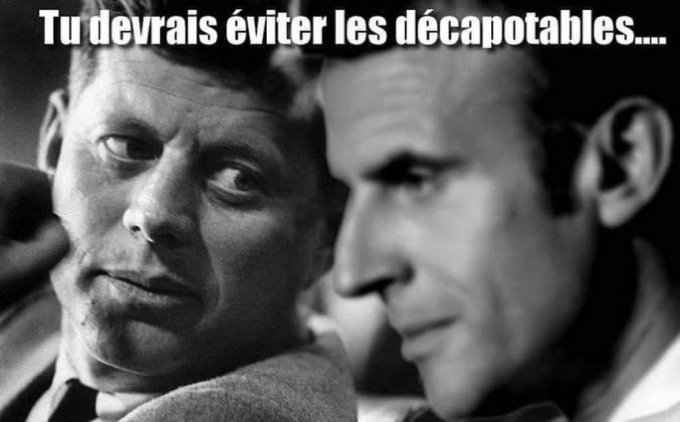A black-and-white photo showing two men in close proximity, one with a serious expression and the other looking intently. Text overlay reads "Tu devrais éviter les décapotables...." in white.