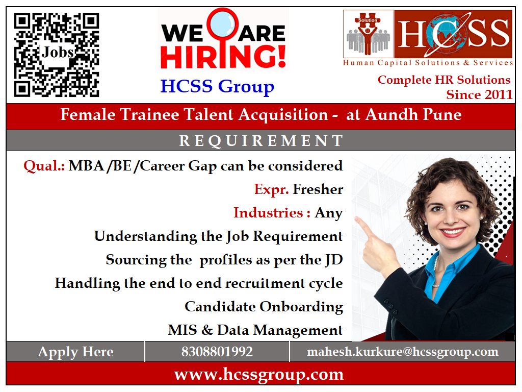 hcssgroup's tweet image. HCSS Group is Hiring @Aundh, Pune.

Open Positions:
• 𝐅𝐞𝐦𝐚𝐥𝐞 𝐓𝐫𝐚𝐢𝐧𝐞𝐞 – 𝐓𝐚𝐥𝐞𝐧𝐭 𝐀𝐜𝐪𝐮𝐢𝐬𝐢𝐭𝐢𝐨𝐧.
• 𝐅𝐞𝐦𝐚𝐥𝐞 𝐅𝐢𝐧𝐚𝐧𝐜𝐞 𝐈𝐧𝐭𝐞𝐫𝐧.

📩 Apply : mahesh.kurkure@hcssgroup.com
 📞 8308801992
 🌐 hcssgroup.com