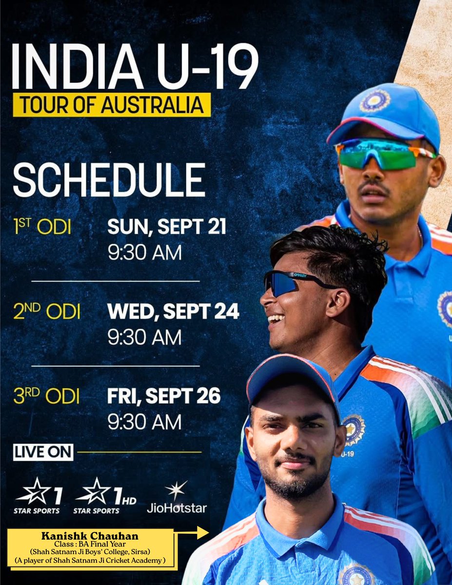 ssjboyscollege's tweet image. Proud Moment for SSJBC 🏏
Our shining star Kanishk Chauhan (B.A. Final Year, Shah Satnam Ji Boys’ College, Sirsa) and a dedicated player of Shah Satnam Ji Cricket Academy, has been selected in the India U-19 Team for the Tour of Australia. 
#SSJBC #Cricket #IndiaU19 #sports