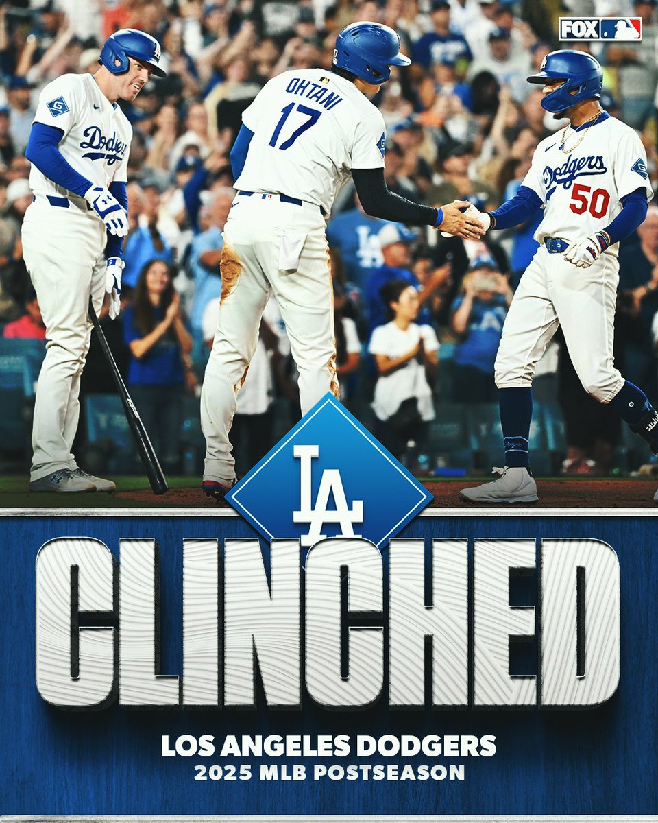 MLBONFOX's tweet photo. The Dodgers have clinched a playoff berth! 👏

With Arizona's loss to Philadelphia, the defending champs officially punch their ticket to the postseason. https://t.co/qwk4PhGWvS
