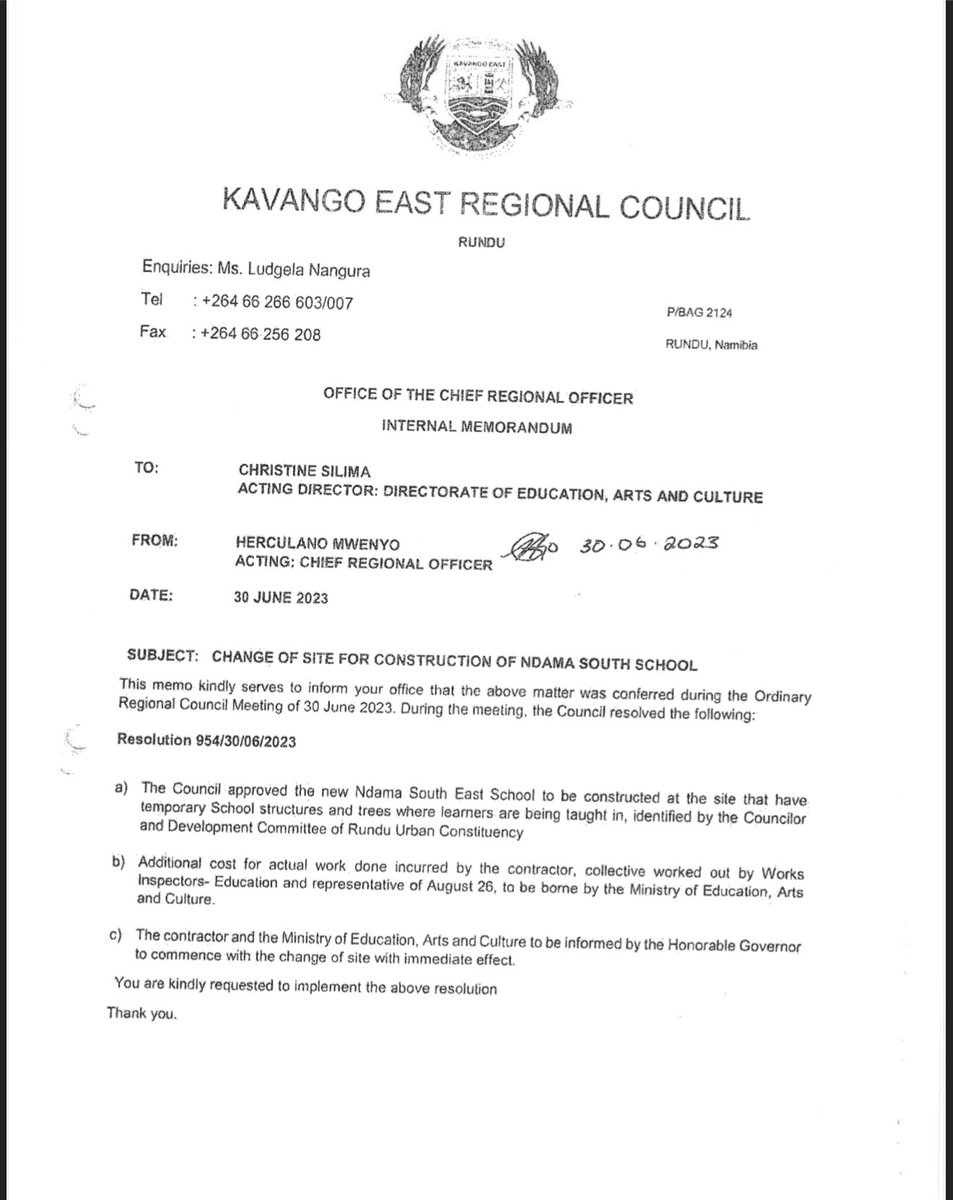 ngurare's tweet image. A few weeks ago, Hon Damian Maghambayi, Chairperson of Kavango East Regional Council shared this Council Decision. It is in the public interest that this background to the Ndama East school is understood too.