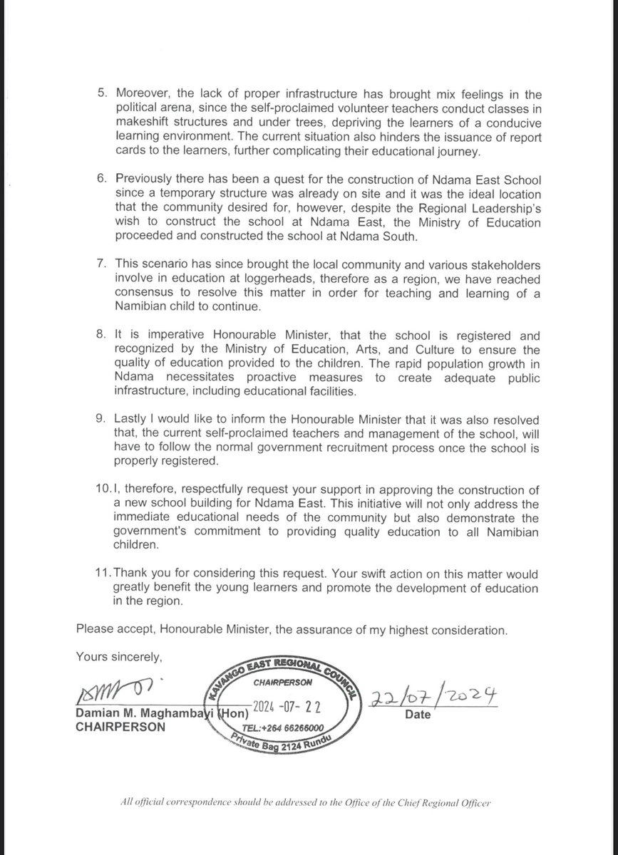 ngurare's tweet image. A few weeks ago, Hon Damian Maghambayi, Chairperson of Kavango East Regional Council shared this Council Decision. It is in the public interest that this background to the Ndama East school is understood too.