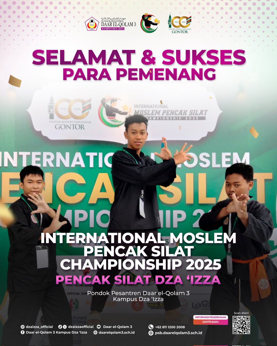 dzaizzaofficial's tweet image. santri Pondok Pesantren Daar el-Qolam 3 Kampus Dza ‘Izza berhasil menorehkan prestasi gemilang dalam ajang bergengsi Internasional Moslem Pancak Silat Championship 2025 (16–19 September 2025).
#daarelqolam3
#kampusdzaizza
#santriglobal
#ahlulizza
#pencaksilat