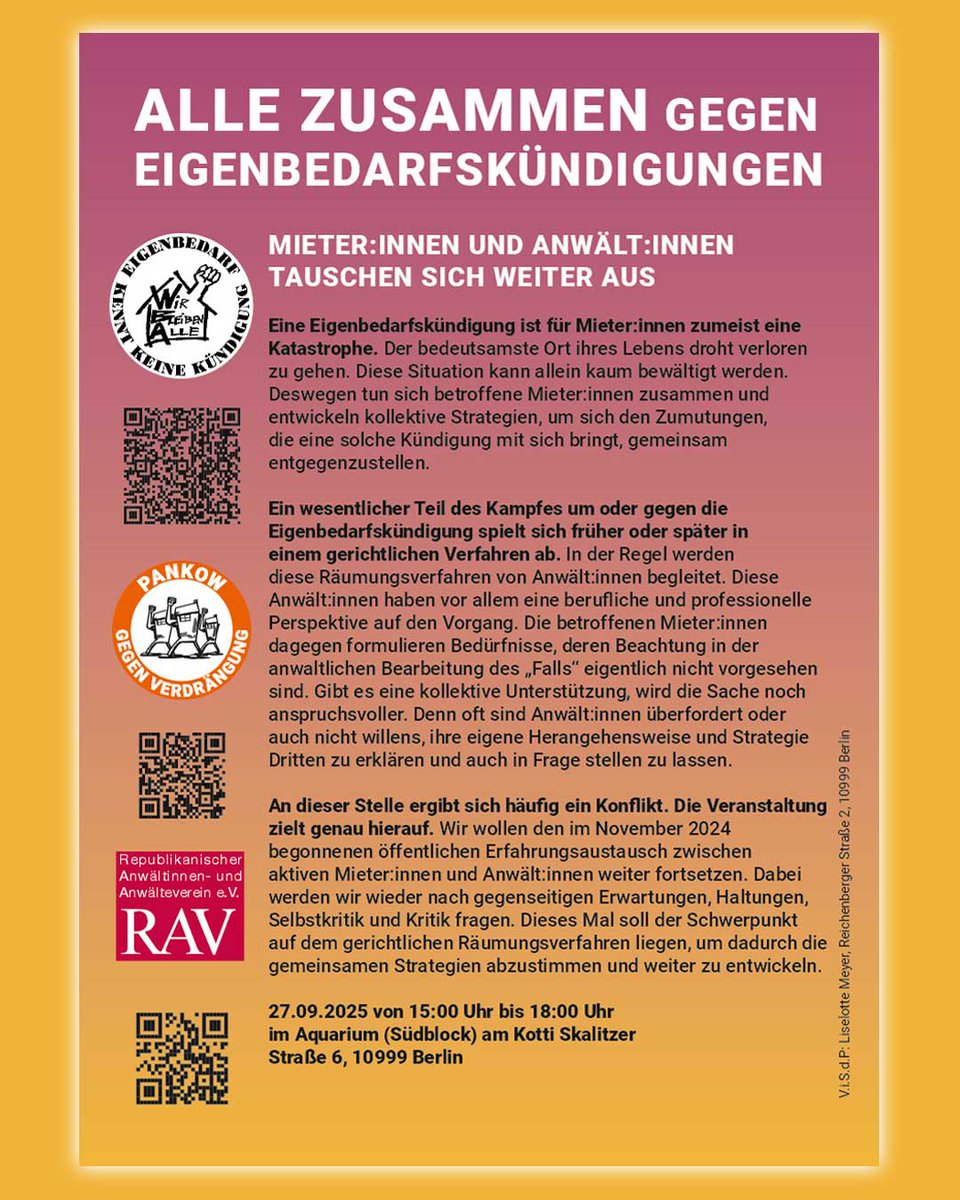 ALLE ZUSAMMEN GEGEN #EIGENBEDARFSKÜNDIGUNGEN 

Mieter:innen und Anwält:innen tauschen sich weiter aus 

Samstag, 27.9.2025 von 15 bis 18 Uhr 
Aquarium (Südblock) am Kotti
Skalitzer Straße 6, 10999 Berlin

wem-gehoert-kreuzberg.de/index.php/blei…