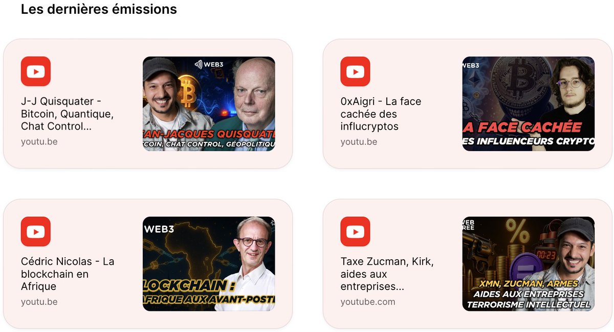 Profitez du weekend pour visionner les émissions de la semaine !

🔹 <a href="/_jjq/">Jean-J Quisquater Himself and Parody</a> - Quantique, Chat Control...
🔹 <a href="/0xAigri/">0xThomas</a> - Pourquoi il arrête le full-time crypto
🔹 <a href="/CedricNicolas65/">Cedric Nicolas</a> - Afrique &amp; blockchain
🔹 GM Web FREE - Zucman, Kirk, $XMN...

Soutenez-nous (liens en dessous 👇)