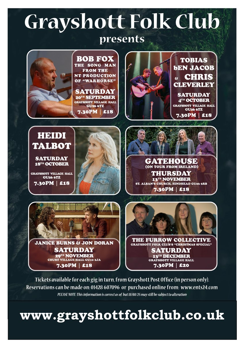 We start our 2025/2026 Season tonight 
(Saturday 20th September 2025) at Grayshott Folk Club on the Surrey/Hampshire border with 
BOB FOX
Then we follow that up, with five more enticing gigs before Christmas.

Come to one, come to all.
Everybody is welcome.

Tix on 01428 607096