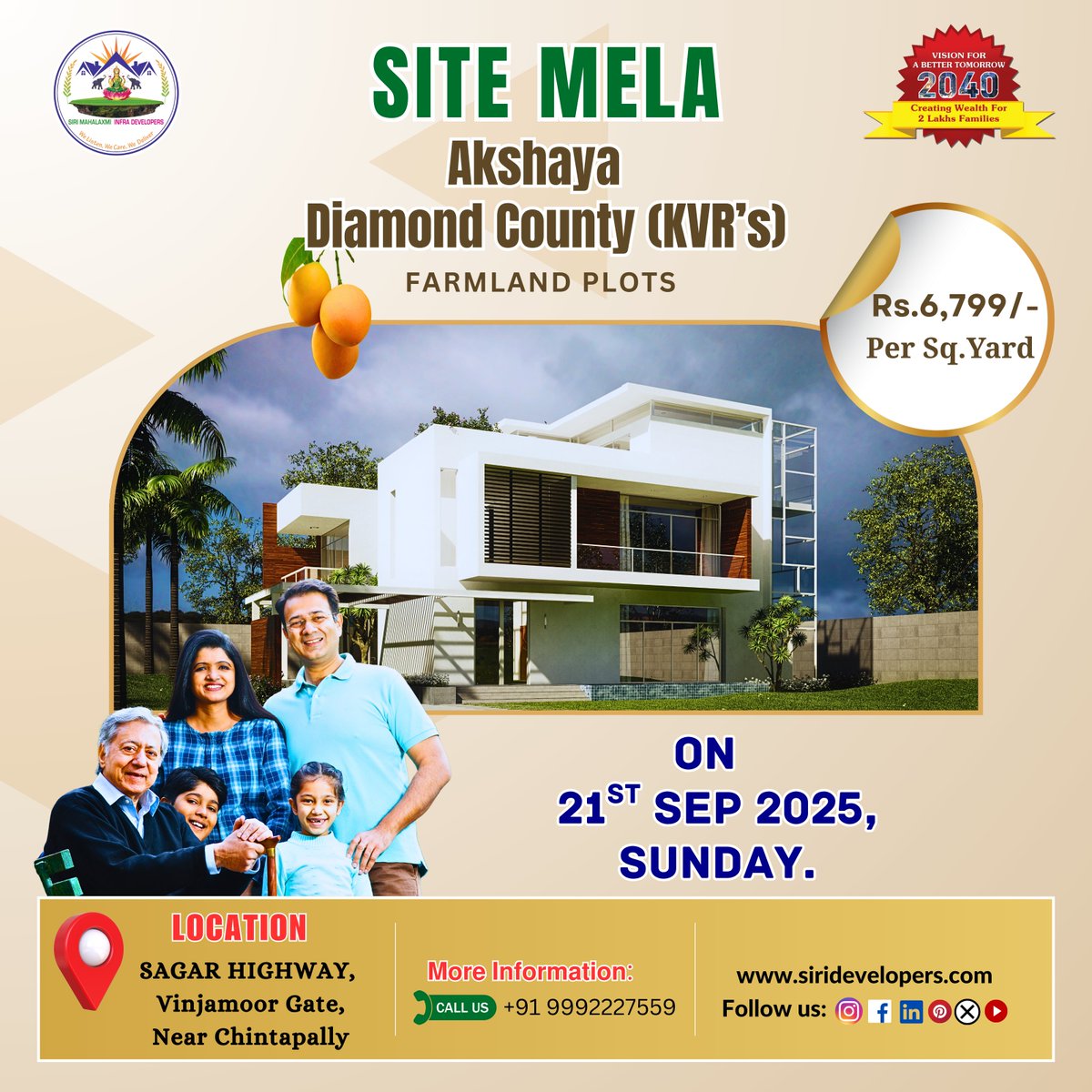 MahalaxmiSiri's tweet image. 🌟 Grand Site Mela – Akshaya Diamond County (KVR’s) Farmland Plots 🌟
🏡 Location: Vinjamoor Gate, Near Chintapally, Sagar Highway
📅 Date: 21st September 2025
📞 Contact: 9992227559
🌐 Website: siridevelopers.com
#SiteMela #AkshayaDiamondCountyKVRs #RapidDevelopment