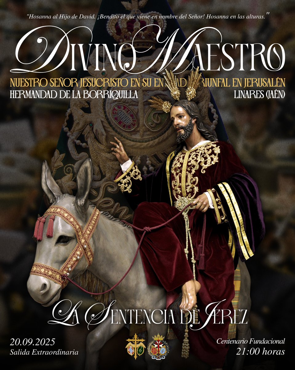 📣 𝗡𝘁𝗿𝗼 𝗦𝗲𝗻̃𝗼𝗿 𝗝𝗲𝘀𝘂𝗰𝗿𝗶𝘀𝘁𝗼 𝗗𝗶𝘃𝗶𝗻𝗼 𝗠𝗮𝗲𝘀𝘁𝗿𝗼 𝗲𝗻 𝘀𝘂 𝗘𝗻𝘁𝗿𝗮𝗱𝗮 𝗧𝗿𝗶𝘂𝗻𝗳𝗮𝗹 𝗲𝗻 𝗝𝗲𝗿𝘂𝘀𝗮𝗹𝗲́𝗻.

En el día de hoy, acompañaremos a la <a href="/borrilinares/">Borriquilla Linares</a> en su Salida Extraordinaria con motivo del Centenario Fundacional de la Hermandad.