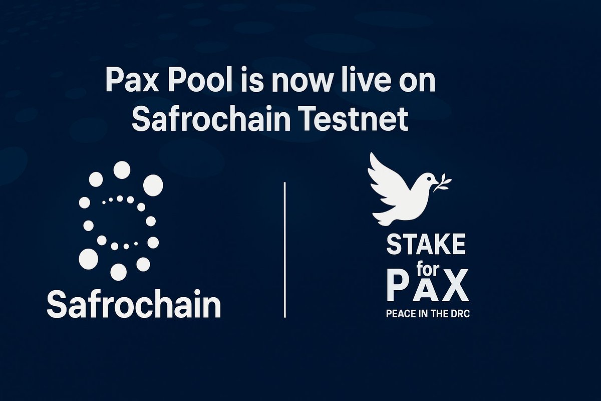 🚀 Big milestone on Safrochain Testnet 🚀

We’re excited to launch PAX Pool 🎉
It’s more than staking, it stands for peace, resilience &amp; empowerment in the DRC. 🌍

Together we build a decentralized future of hope &amp; impact. ✨

#Safrochain #PaxPool #Africa