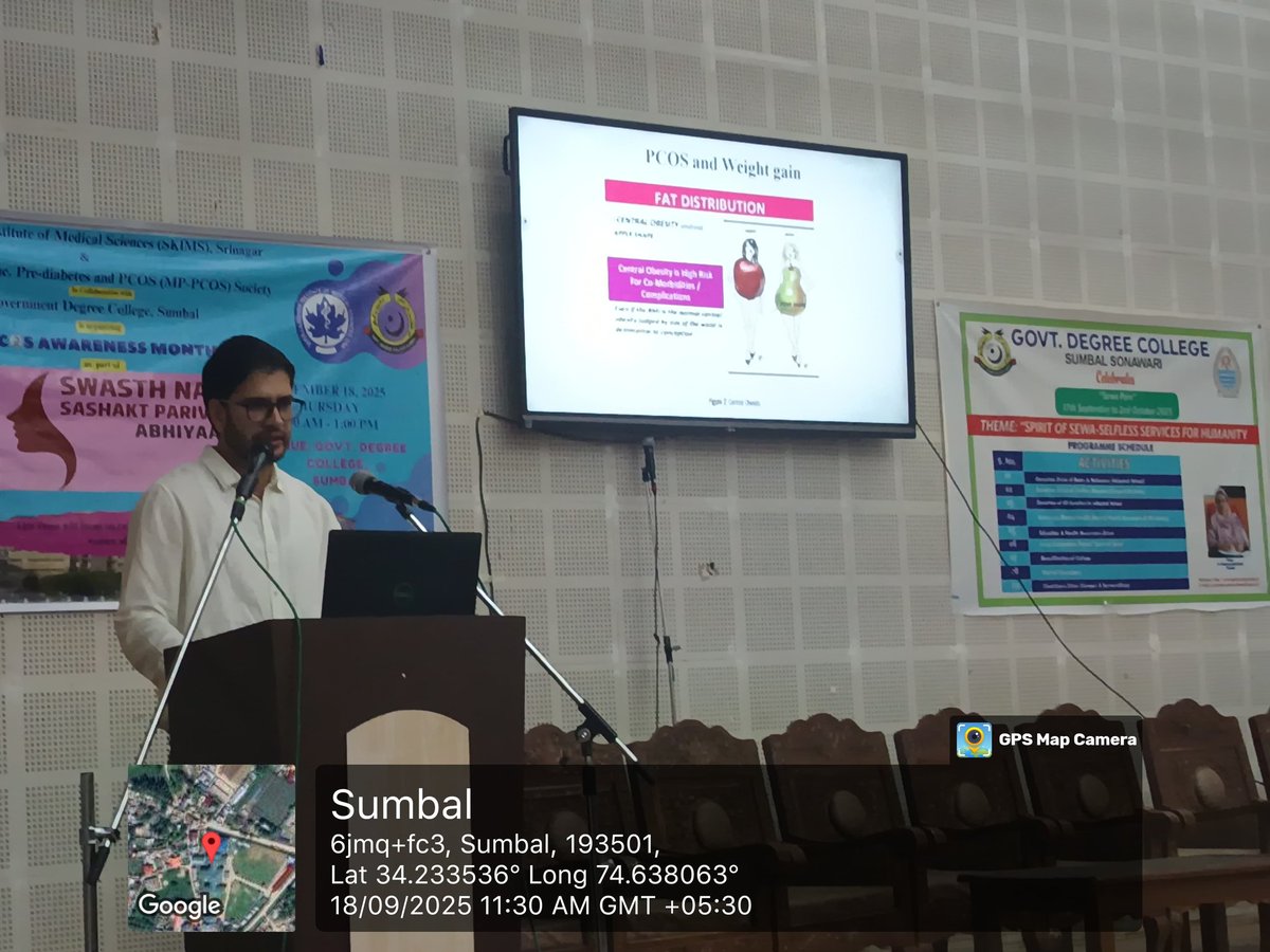 DirectorSkims's tweet image. The Departments of Endocrinology and Clinical Research, SKIMS , organized a PCOS Awareness Program launched under Swasth Nari Sashakth Parivar Abhiyan for female students and staff at Boys Government Degree College (GDC) Sumbal.

#SwasthNariSashaktParivar #pcos# awareness