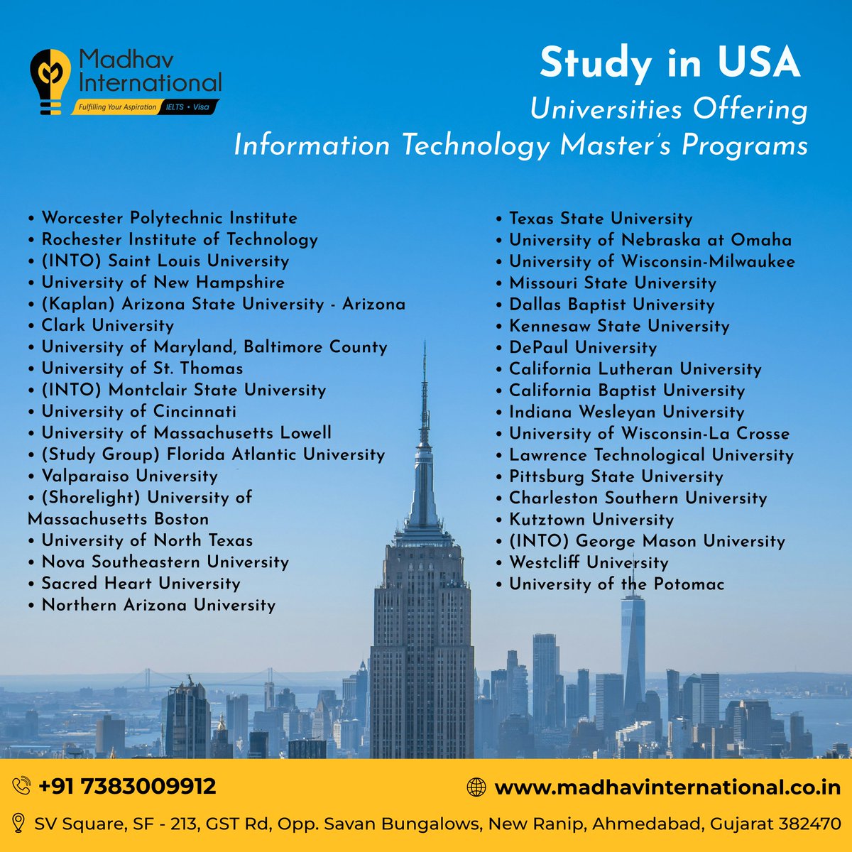 madhavint's tweet photo. 💻 Study IT in the USA – Master's Programs 💻
🚀 Take your tech career to the next level with a Master’s in Information Technology from top US universities!

📞 Call/WhatsApp: +91 7383009912
📍 SV Square, SF - 213, GST Rd, Opp. Savan Bungalows, New Ranip, Ahmedabad https://t.co/QHbiMtCeXl