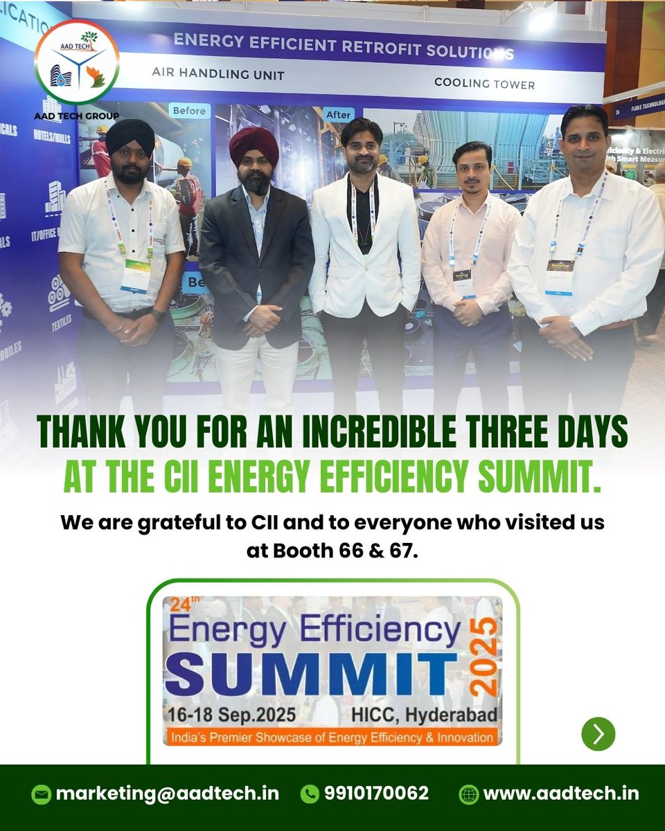 TechAad's tweet image. Wrapping up an incredible 3 days at the CII Energy Efficiency Summit, Hyderabad! 🌍
Grateful to CII and everyone who visited us at Booth 66 & 67. Your support drives us to keep building smarter, sustainable cooling solutions.
#EnergyEfficiency #CIISummit