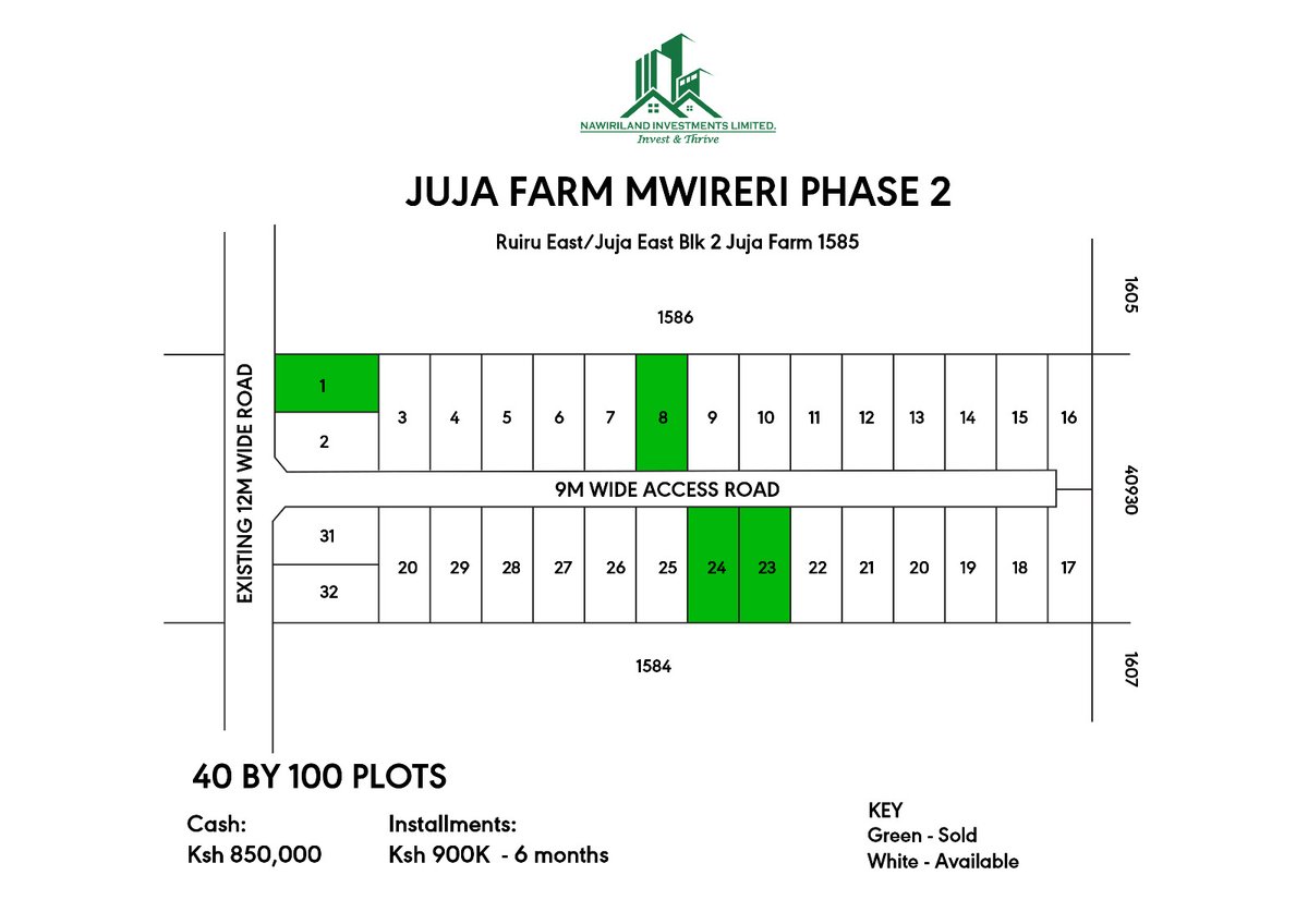 nawiriland's tweet image. Introducing our newest, Tulivu Gardens~Juja Farm Mwireri.

Prime 40*100 plots
Cash Offer Kshs 850,000
6 months payment plan Kshs 900,000

 Call: 0723 409 409 0116 000 079
#viralreelsシ #plotsavailable #propertyinvestment #lands #realestateinvestment #jujafarmplotsforsale #mwireri