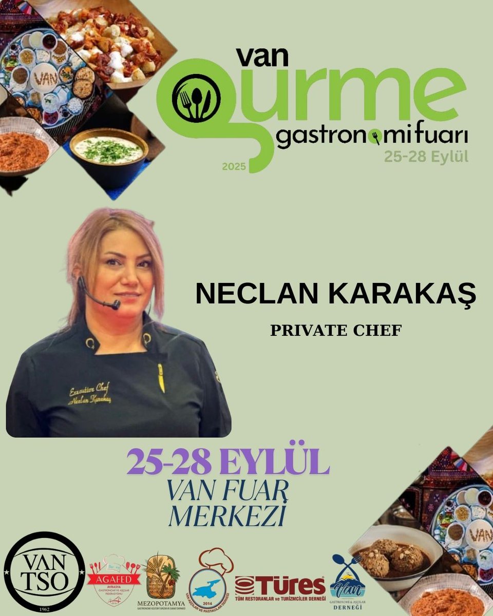 Private Chef Neclan Karakaş, Van Gurme ve Gastronomi Fuarı’nda! 🍽️

📍 25 – 28 Eylül
📌 Van Fuar ve Kongre Merkezi
🎫 Giriş Ücretsiz