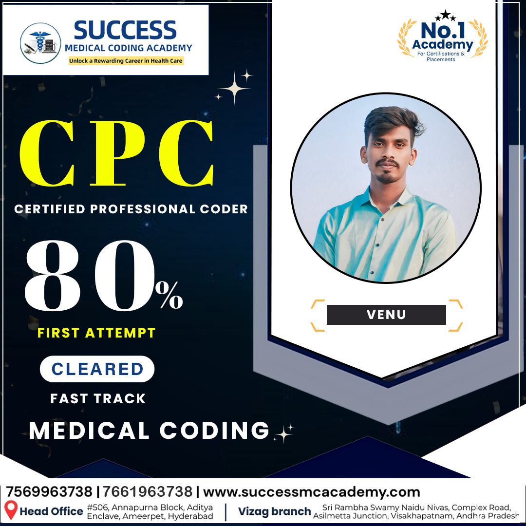 SuccessCoding's tweet image. Success Medical Coding Academy Proudly Congratulates VENU
For Achieving an Excellent Score of 80% in CPC Exam Cleared In First Attempt Fast Track
We wish You a Continuing Growth, With Endless Opportunities, & Success In Medical Coding Field
#CPC #CCS #Medicalcoding #Ameerpet