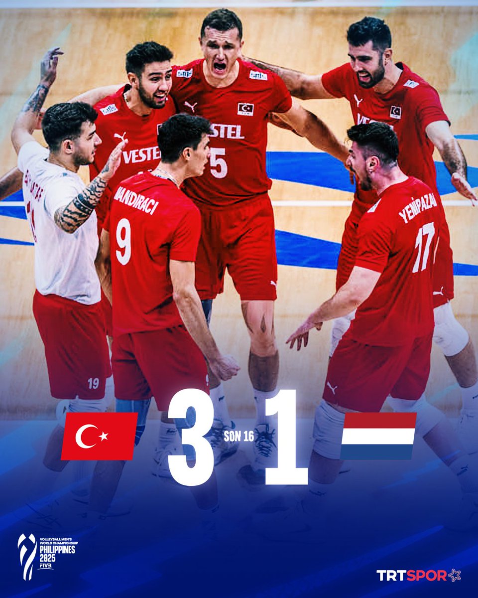 TARİH YAZDIK, ÇEYREK FİNALDEYİZ! 🇹🇷

🏐 Filenin Efeleri, FIVB Erkekler Dünya Voleybol Şampiyonası son 16 turunda 🇳🇱Hollanda'yı 3-1 yendi ve tarihimizde ilk kez çeyrek finale kaldı!

🆚 27-29, 25-23, 25-14 ve 25-19