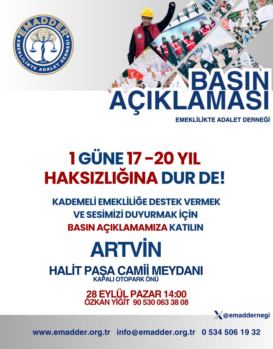 📣 DUYURU 📣

ARTVİN BASIN AÇIKLAMASI 

1 güne 17-20 yıl haksızlığına dur demek için buluşuyoruz!
Kademeli emekliliğe destek vermek ve sesimizi daha gür duyurmak adına Artvin’de basın açıklaması gerçekleştiriyoruz.

📍 Yer: Artvin Halit Paşa Camii Meydanı (Kapalı otopark önü)

🗓️