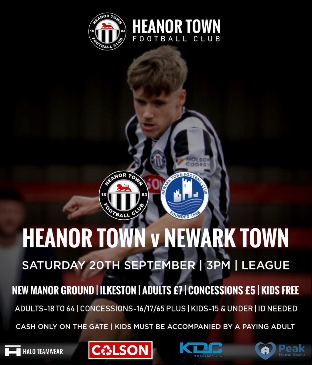 ⚽️MATCH DAY 

HEANOR TOWN 
NEWARK TOWN

📆Saturday 
⌚️3pm
🏆League 
🏟New Manor Ground
📍Ilkeston DE7 8JF

🎟Adults £7
🎟️Concessions £5
🎟Kids Free
💷Cash only on the gate

🍺Bar open
🍔Tea bar open

🤝MATCH SPONSOR 
PetFit Heanor