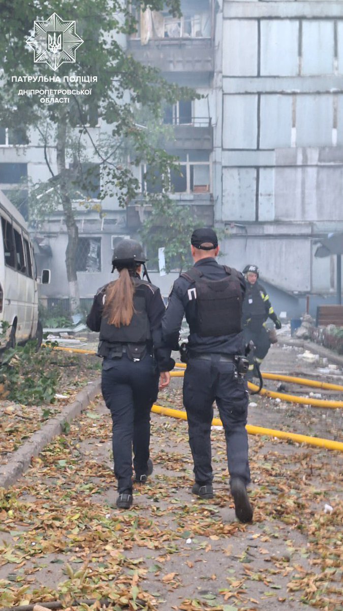 A terrible night and a hard morning in Dnipro.
Russia attacked residential areas with drones and missiles. There are killed and wounded civilians.
Police are working together with rescuers, providing medical assistance, evacuating the wounded.
Ukraine is invincible.