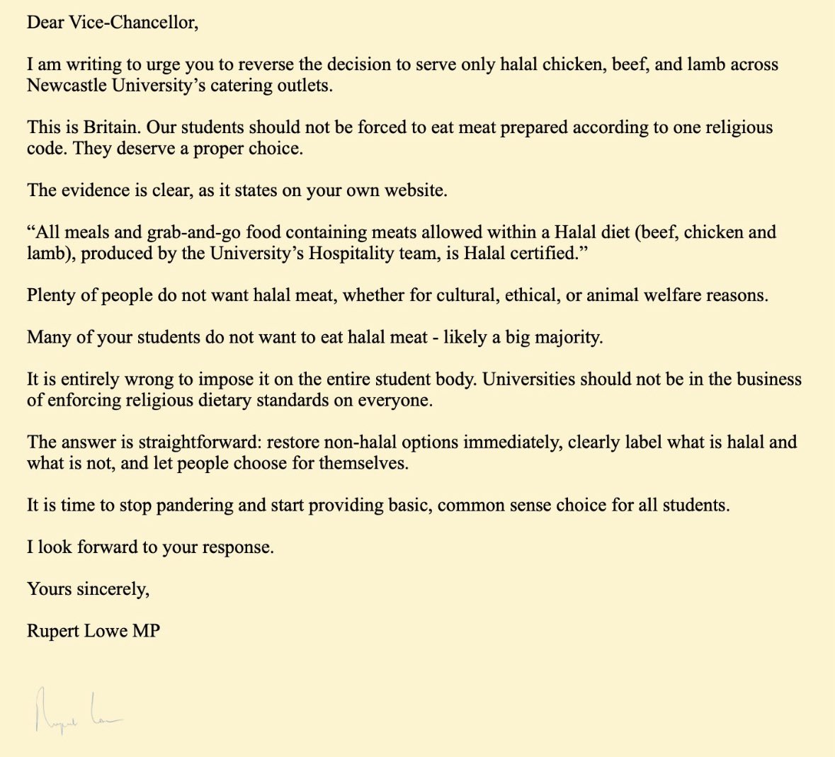 🚨NEW: Rupert Lowe has written to the University of Newcastle, urging them to reconsider their decision to serve halal only meat to students