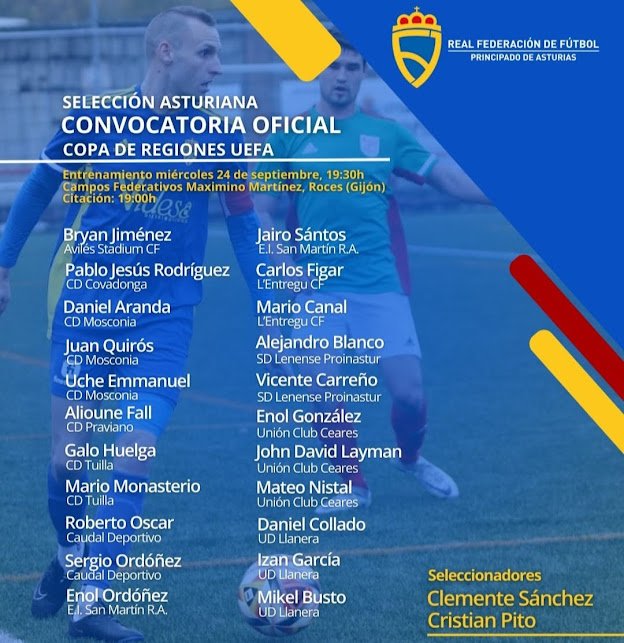 Enol Braña, John Layman y Mateo Nistal serán los representantes del <a href="/UCCeares/">Unión Club Ceares 🔻</a> en el combinado para la primera fase de la Copa de Regiones de la UEFA.

También aparecen los ex teteros Bryan Jiménez, internacional por República Dominicana, y Enol Ordóñez.