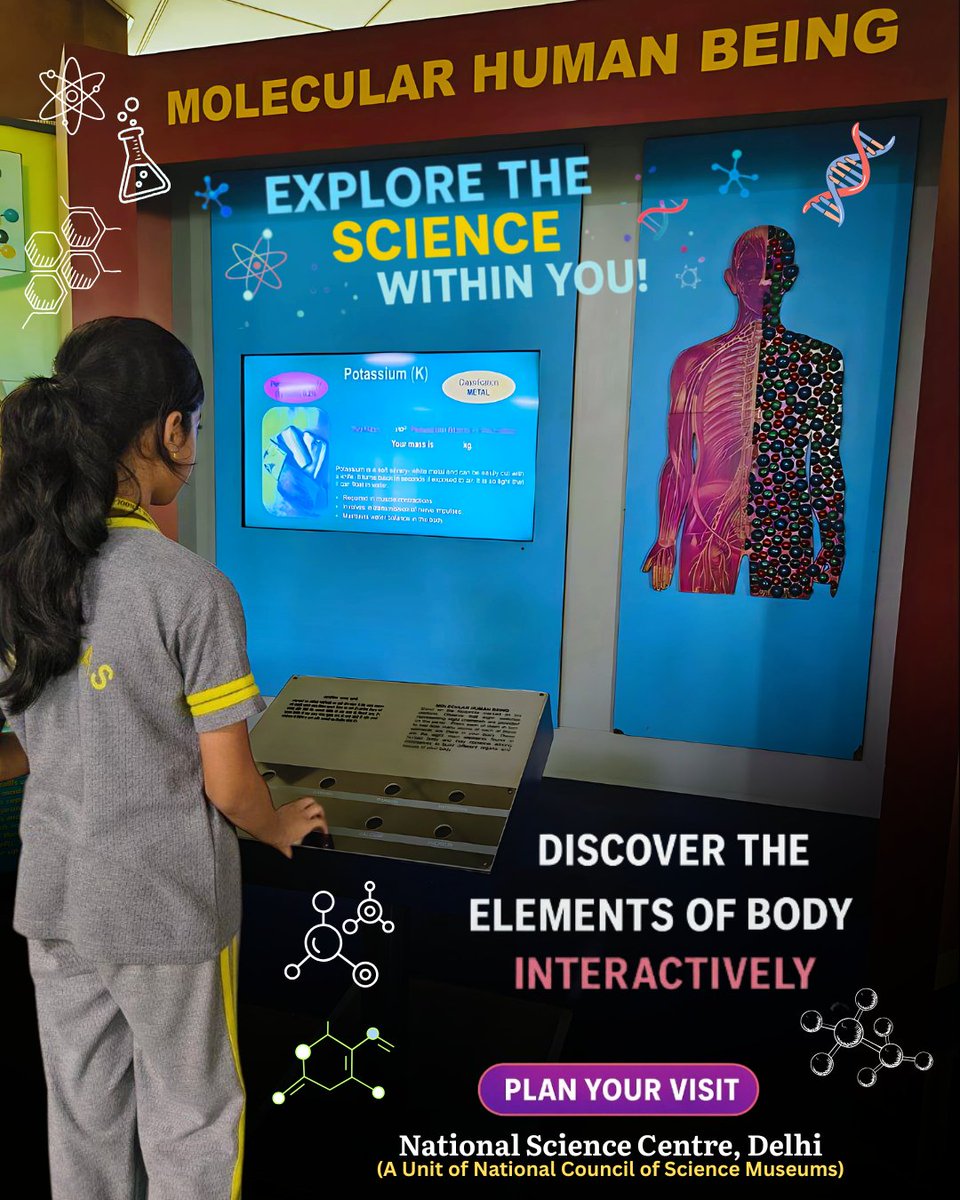 Learning at the molecular level! 🧬 Students take a hands-on dive into the elements that make up our bodies at the Human Biology Gallery, National Science Centre Delhi, a unit of <a href="/ncsmgoi/">National Council of Science Museums-NCSM</a>, <a href="/MinOfCultureGoI/">Ministry of Culture</a>.

Step into the world of interactive science, book your school tour now!