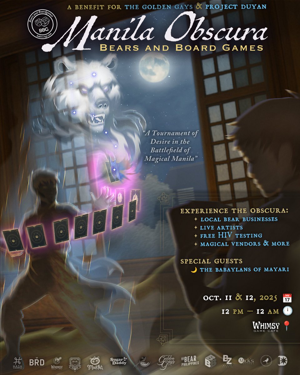 Bbg_ph's tweet image. 🎤“All stories are born beneath the stars… but not all find their end. Watch now, as the players step into Obscura”

✨Manila Obscura
📅Oct. 11–12 |📍Whimsy Game Café
🌙With the @PreciousPaulaN  and more!
Register now: forms.gle/mkMu8NUnag219F…

#GoldenGays #ProjectDuyan
