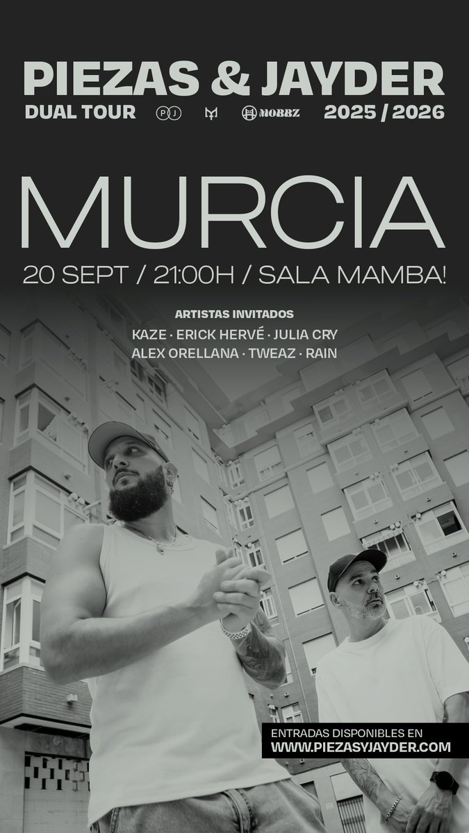 Hoy jugamos en casa. <a href="/Piezas750/">PIEZAS</a> &amp; <a href="/jayderpro/">Jayder</a> presentan “DUAL” con el showcase de “ETÉREO” de <a href="/tweaz_steelo/">T W E A Z 🎵</a> y Alex Orellana. Nos acompañan <a href="/kaze_cartagena/">K A Z E</a>, <a href="/ErickHerve_LJ/">Erick Hervé</a>, <a href="/juliacry_/">cry</a> y Rain <a href="/lowriders_30100/">Lowriders</a>. Se lía una histórica hoy en <a href="/mamba_murcia/">MAMBA!</a> 🫡