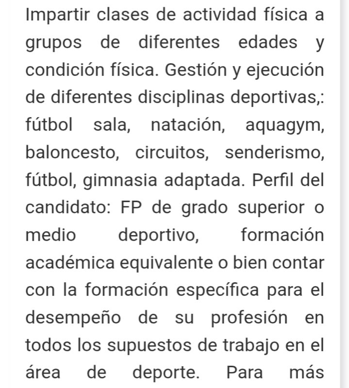He aquí la famosa regulación d las profesiones del deporte. La panacea q todo lo iba a curar en beneficio d la salud y  seguridad d usuarios. Se busca un Superman q sepa d TODOS LOS ¿"SUPUESTOS DE TRABAJO"?, a ser posible con grado medio mejor q  superior xq le van a pagar una KK