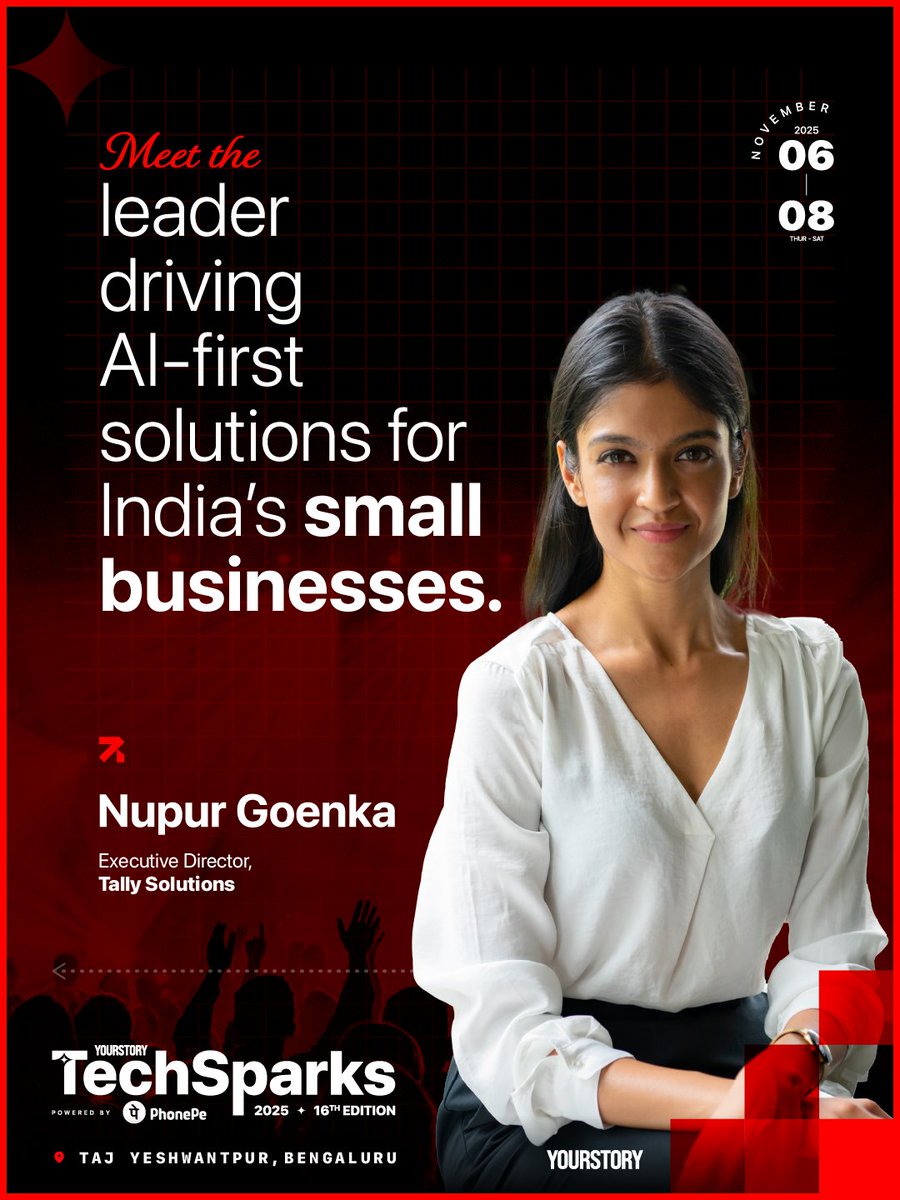 YourStoryCo's tweet image. Building AI that truly empowers small businesses is harder than it sounds, and Nupur Goenka knows this better than most. Catch her at #TechSparks2025 as she shares her vision for empowering businesses at scale with the help of AI.

📍 Nov 6–8 | Taj Yeshwantpur, Bengaluru
🎟️ Book…
