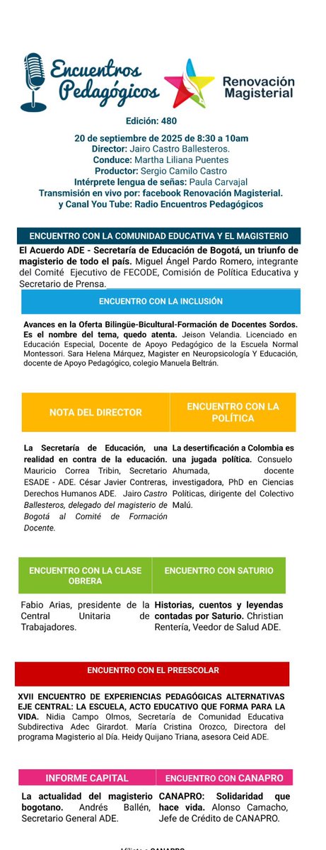 🟣 ¡AL AIRE!

ENCUENTROS PEDAGÓGICOS

Emisión #  480, sábado 20 de septiembre, 
de 8:30 a 10 am.

SÍGUENOS POR:
youtube.com/live/qt5JlZ2E2…

TAMBIÉN POR:
facebook.com/events/s/encue…

Y:
tiktok.com/@encuentros.pe…

INTÉRPRETE EN LENGUA DE SEÑAS.

Nuestras temáticas e invitadas (os):