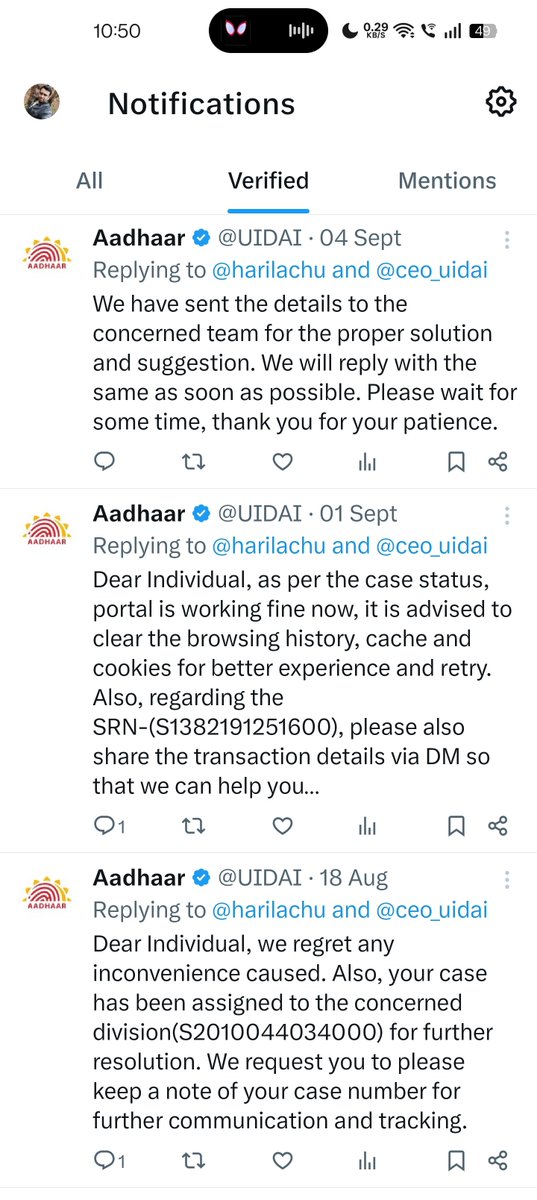 harilachu's tweet photo. @UIDAI @ceo_uidai @UIDAI @ceo_uidai I have been contacting since August to know the status of the SRN: S1382191251600 but no update provided from your end. Can you let me know why the address update request for which I have made payment is not reflecting. https://t.co/y3TXJ5dvjP