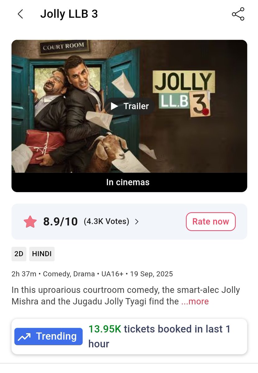#JollyLLB3
बहुत अच्छी फिल्म है ।। एक बहूत अच्छा मुद्दा है और राजस्थान के अंदर बनी है तो वो दृश्य मन को छू जाते है अक्षय तो बेहतरीन एक्टर है ही साथ में अरशद आने से सोने पर सुहागा वाला काम हो गया 
एक ऐसा मुद्दा कॉमेडी के साथ जिसे सबको देखना चाहिए 
मेरी तरफ से 💥💥💥💥💥