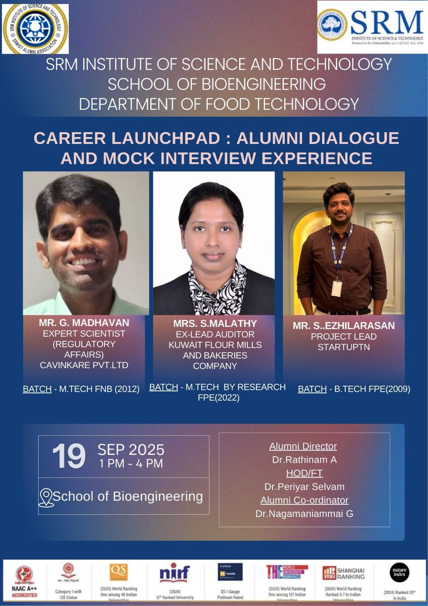 SRM_FoodEng's tweet photo. 🎓✨ Career Launchpad 2025 ✨🎓
SRM Food Tech hosted an Alumni Dialogue &amp; Mock Interview on 19 Sept! Alumni shared career insights, interview tips &amp; motivated students to excel in diverse paths. 👏 #SRMIST #FoodTech #CareerLaunchpad #FutureReady https://t.co/IrIpybr0lD