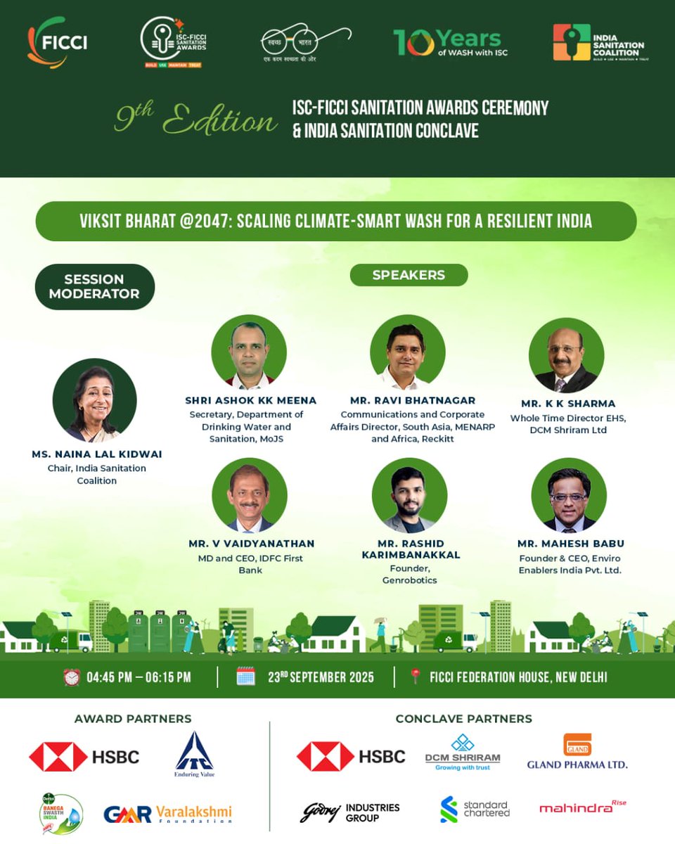 At the 9th Edition of the ISC-FICCI Sanitation Conclave, join us for the session:
🚀 Viksit Bharat <a href="/2047/">Galina Dolenko</a> – Scaling Climate-Smart WASH for a Resilient India 🚀 

As India charts its path to becoming a developed nation by 2047, sanitation must go beyond infrastructure delivery to