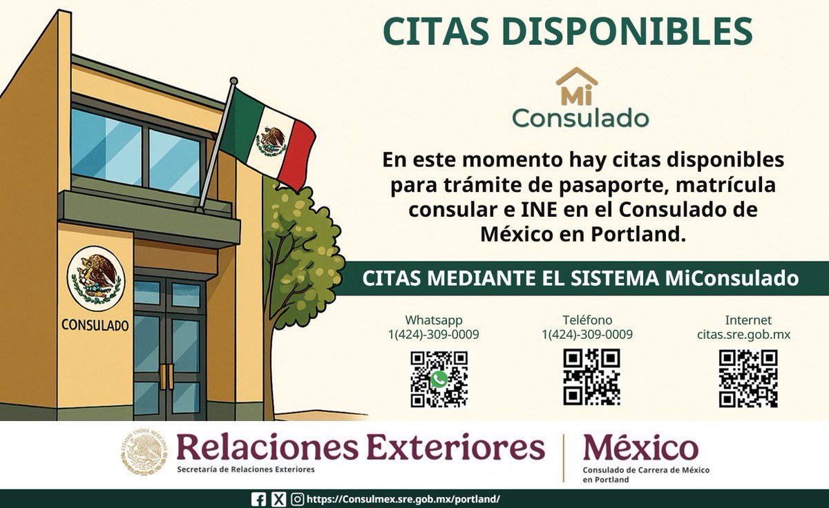 ⚠️ Aviso al Público ‼️ 📢 ¡CITAS DISPONIBLES! tenemos citas disponibles para la semana del 22 al 26 de septiembre. Citas a través de MiConsulado👇🏻👇🏻👇🏻 📞 424.309.0009 🧑🏻‍💻👩🏻‍💻 citas.sre.gob.mx ⚠️ Recuerda que agendar una cita es totalmente gratis.