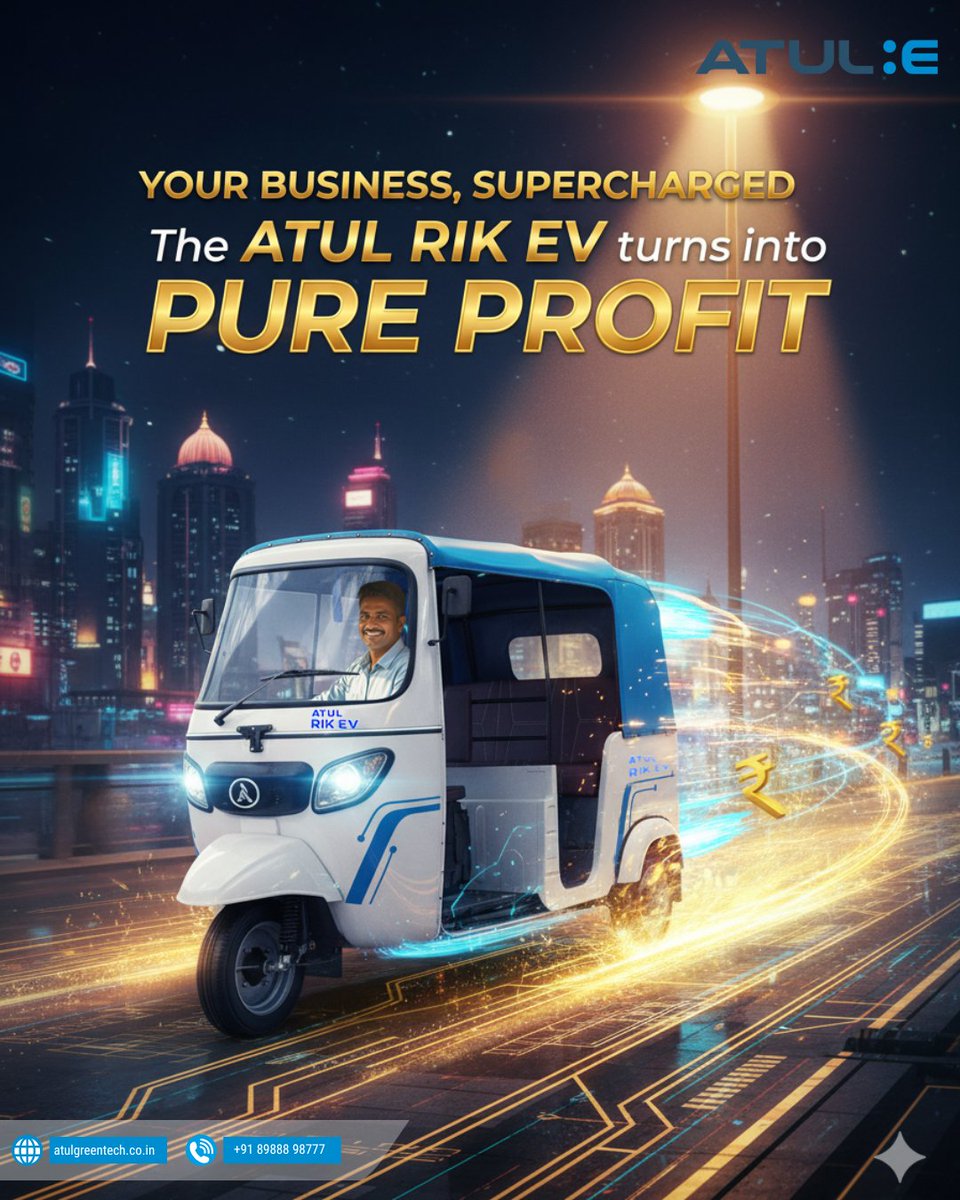 AtulGreentech's tweet image. Imagine saving money on every trip while impressing every passenger — now it’s possible. With unmatched savings, a smoother driving experience, and zero emissions, the Atul RIK EV is the smart choice for your business and the planet.

#SmartMove #AtulGreentech #AtulRIKEV
