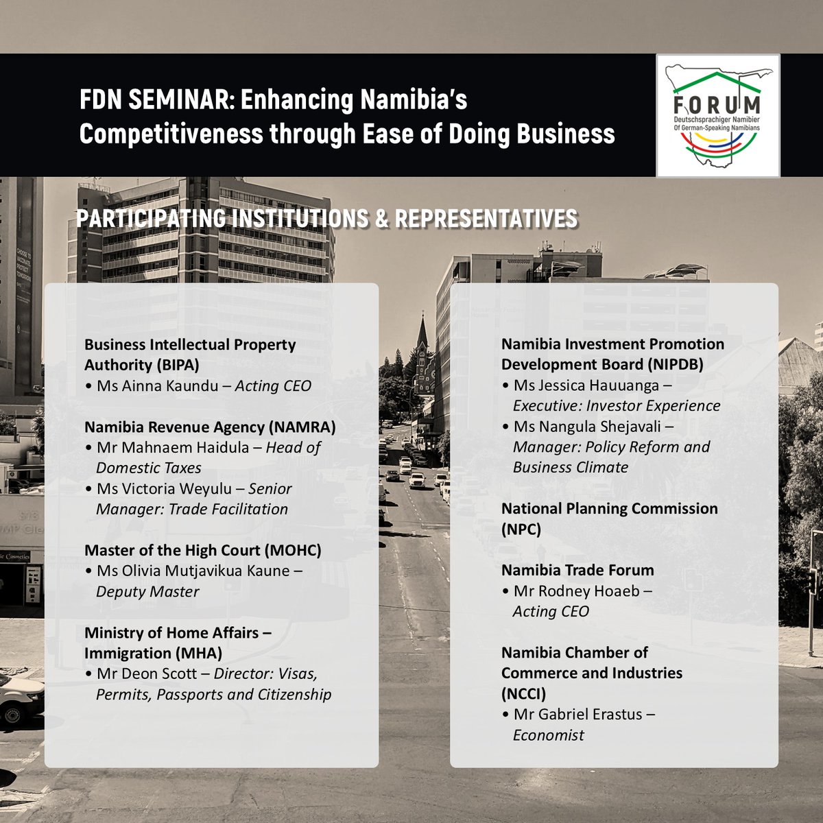 🌟 A remarkable line-up joins today’s FDN Seminar on Namibia’s competitiveness in Windhoek: Rowland Brown <a href="/cirrus_capital/">Cirrus</a>, <a href="/RCDSherbourne/">Robin Sherbourne</a>, <a href="/NIPDB/">Namibia Investment Promotion & Development Board</a>, NAMRA, <a href="/bipa_nam/">@bipa_nam</a> , Home Affairs, NCCI &amp; more 🕘 Register for Zoom participation right until 13:00 👉 bit.ly/FDN_Business_S…