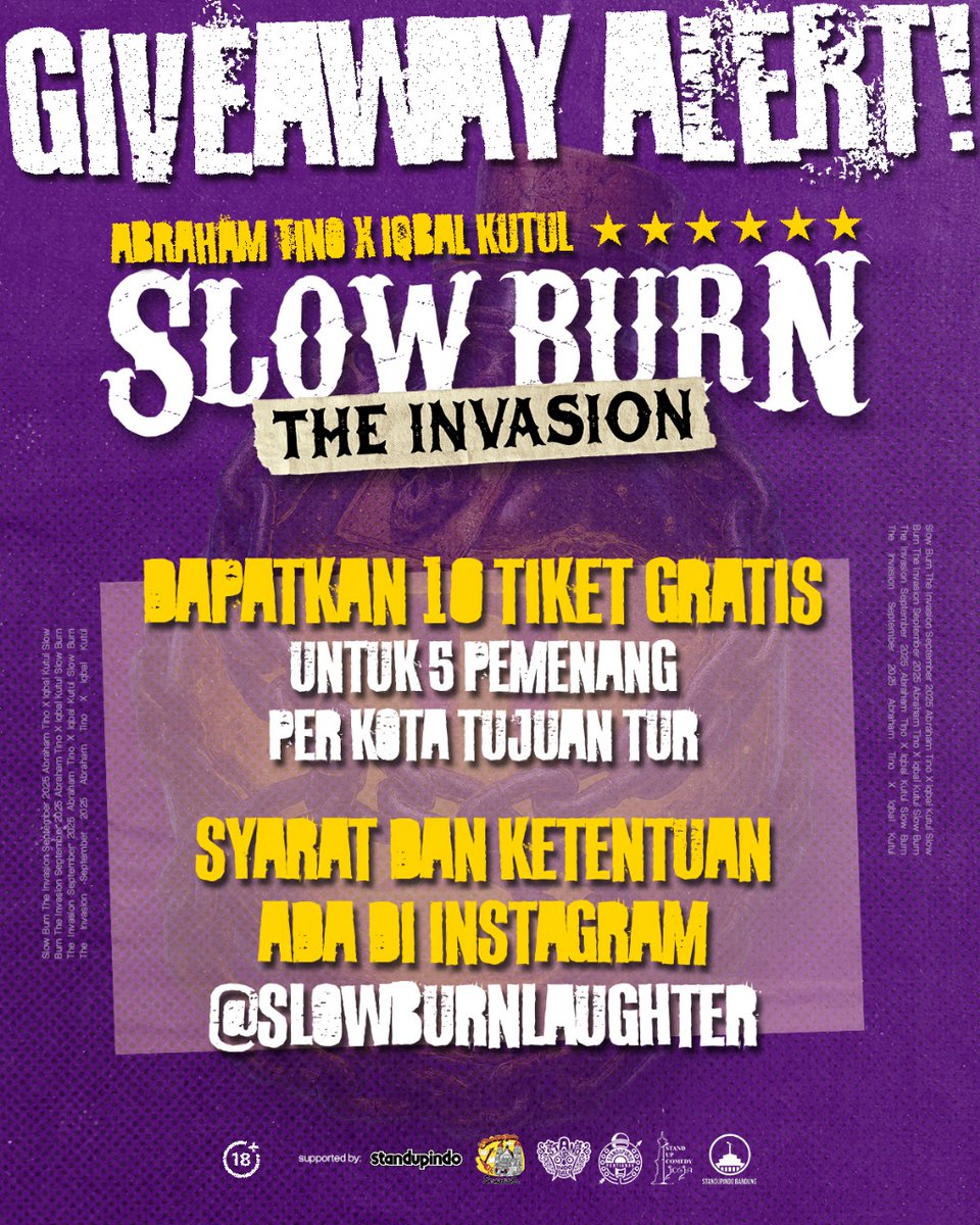 jadi intinya setelah kick off di jakarta kemarin, one of the audience member ngasih support berupa 10 tiket gratis...

...DI SETIAP KOTA! pesennya cuma dikasih ke temen-temen yang beneran pengen nonton.

nah, detailnya ada di instagram (at)slowburnlaughter, goodluck! 🍻