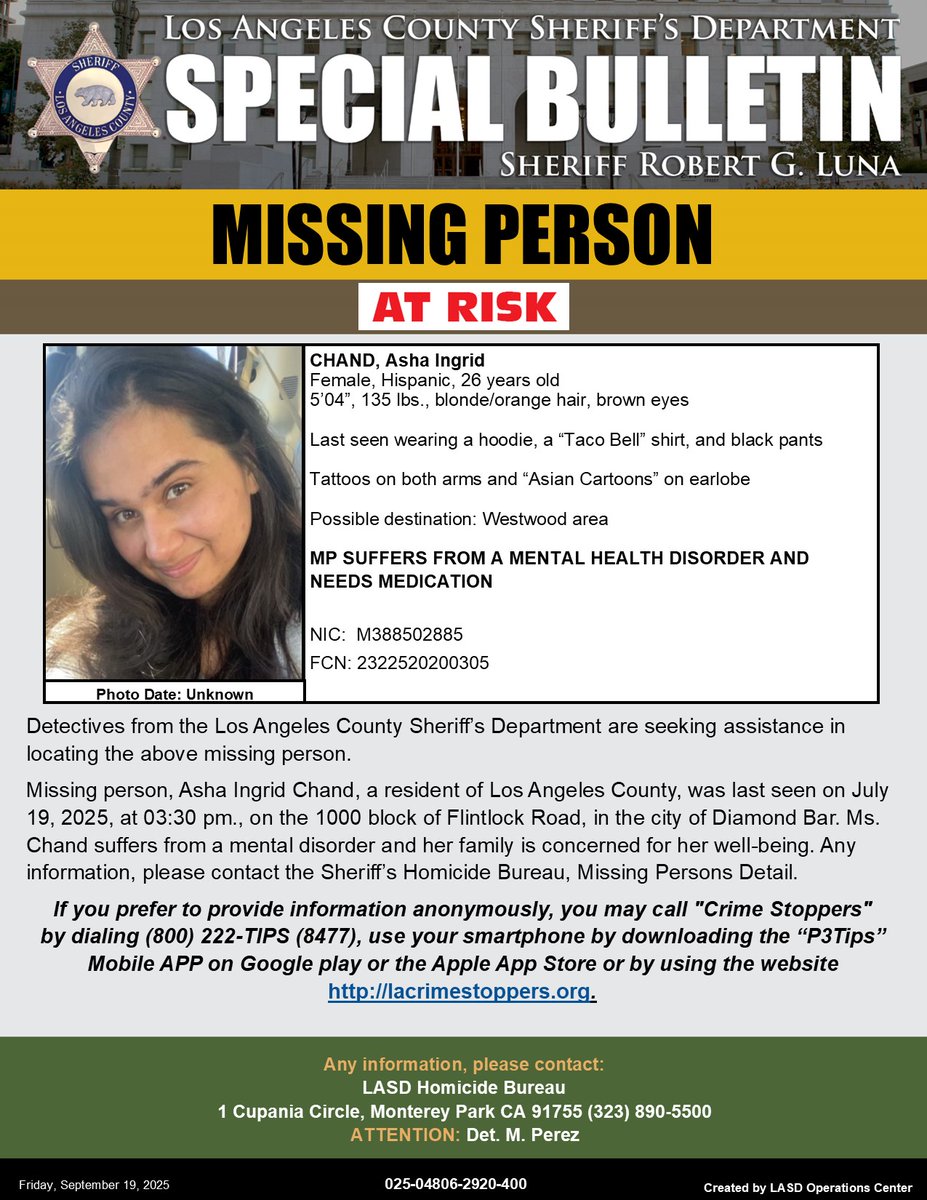 LASDHQ's tweet photo. #LASD is Asking for the Publicโs Help Locating At-Risk Missing Person, Asha Ingrid Chand #DiamondBar
https://t.co/qQj9UZKrcn https://t.co/0Ud7btb4xF