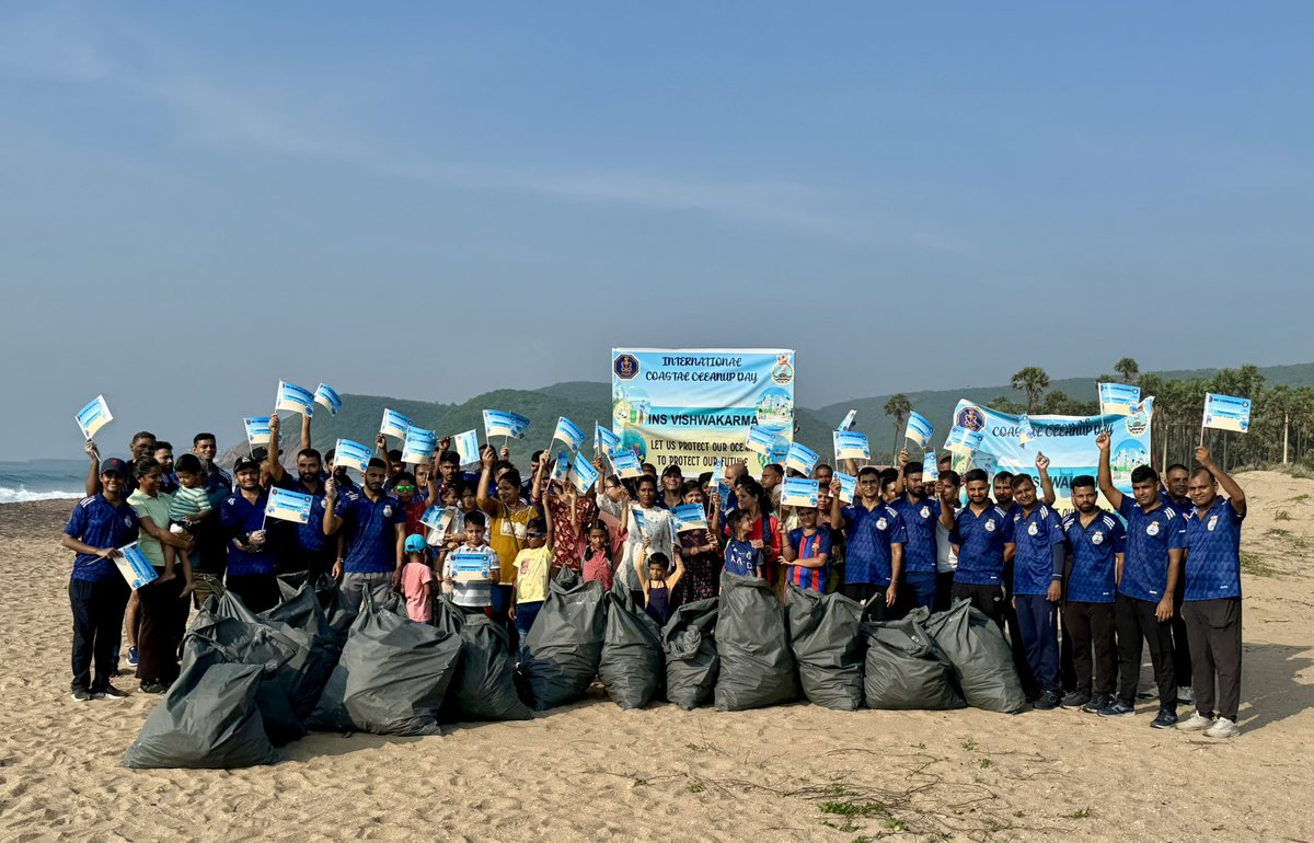 INS_Vishwakarma's tweet photo. 💙🌍 Ocean Guardians in Action! 🌍 💙
Marking International Coastal Cleanup Day, personnel and families of #INS_Vishwakarma took to the shores with dedication, ensuring cleaner coasts & healthier seas for tomorrow. 🌊⚓
#InternationalCoastalCleanup #LargeNavyMindset https://t.co/mA6MeSPkuI