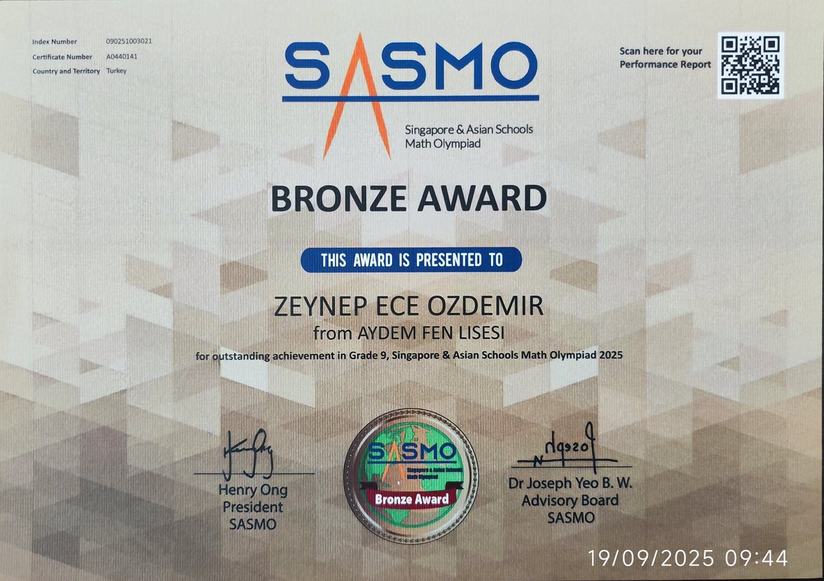 SİMSO matematik olimpiyatlarında altın, SASMO matematik olimpiyatlarında gümüş madalya alan Ceylin ORKİ'yi, SASMO matematik olimpiyatlarında bronz madalya alan Rüzgar SADİOĞLU ve Zeynep Ece ÖZDEMİR öğrencilerimizi tebrik ederiz. <a href="/denizlimem/">Denizli İl Millî Eğitim Müdürlüğü</a> <a href="/emre_caliskan/">Emre Çalışkan</a> <a href="/AYDEMFenLisesi/">AYDEM Fen Lisesi</a>