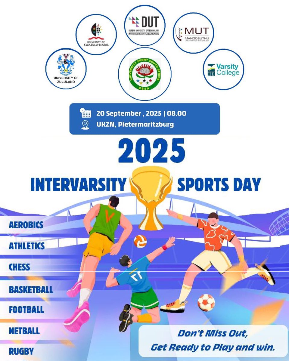 MUTCampus's tweet photo. 🏆The 2025 Intervarsity Sports Day is here!

Universities from across KZN are going head-to-head in athletics, football, basketball, rugby, netball, and more. 💪🔥

Stay tuned to our socials throughout the day for updates and highlights from Pietermaritzburg📲✨

#Intervarsity2025 #SportsDay #mut