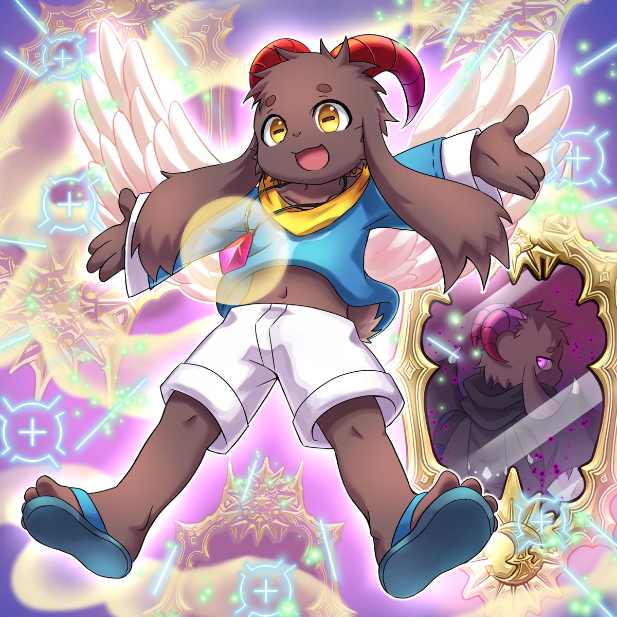 Neiroy, the Dream Mirror Disciple
夢魔鏡の使徒－ネイロイ

I draw him as one of the card series "Dream Mirror"
Your are Light ,but something also dark in the mind.🐐

#遊戯王　#夢魔鏡