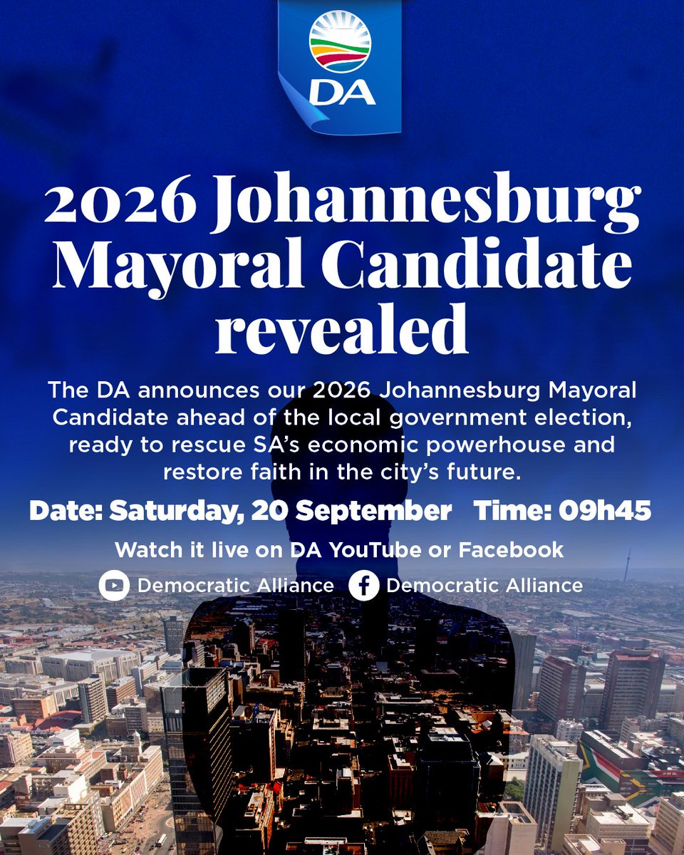 📣 Today at 09h45, the DA will unveil our Johannesburg Mayoral Candidate ahead of the 2026 local elections. This leader is ready to rescue SA's economic hub &amp; restore faith in the city.

Watch it live on the DA’s Facebook or YouTube pages: youtube.com/live/L5Z1eQRjv…
📣