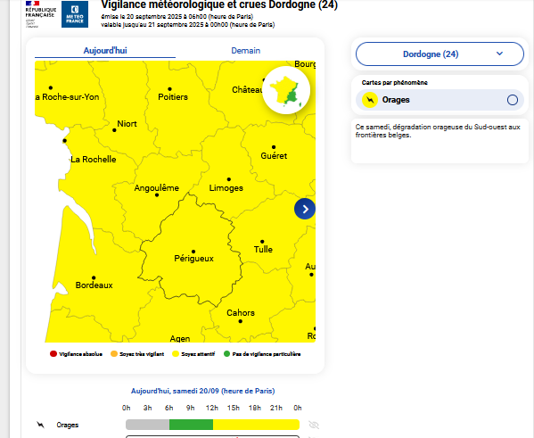 Image de Préfète de la Dordogne - Le département de la Dordogne est placé en vigilance jaune🟡orages.
✔️Des phénomènes pluvio-orageux 
