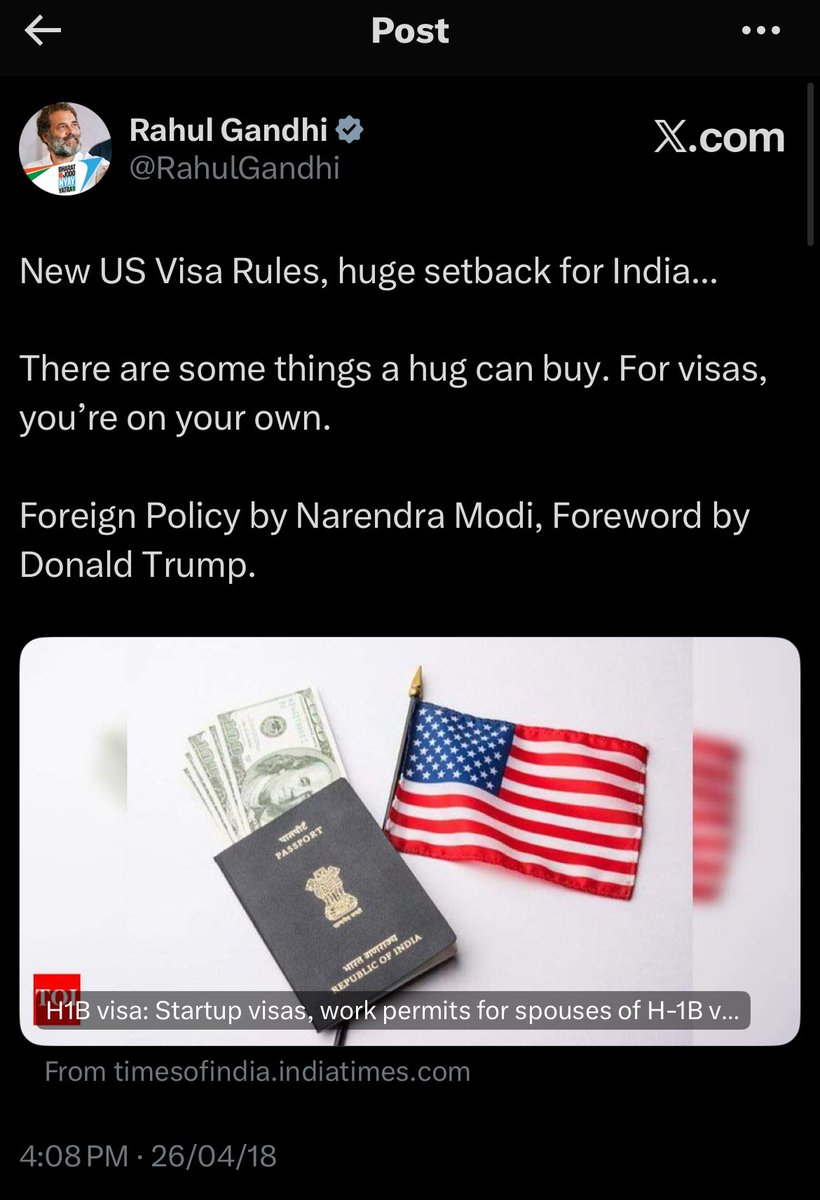 Rahul Gandhi - The Visionary

Has he ever been wrong on a major policy issue? 

Raised H1B issue nearly a decade ago. Hugs can’t replace failed foreign policy!

2017                             2018