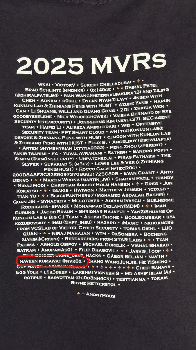 nvk0x's tweet image. Ranked #73 on @Microsoft MVR 2025 leaderboard 🎉
Huge thanks to MSRC &amp;amp; the community — swag level: 💯🚀 #SecurityResearch #MSRC #BugBounty