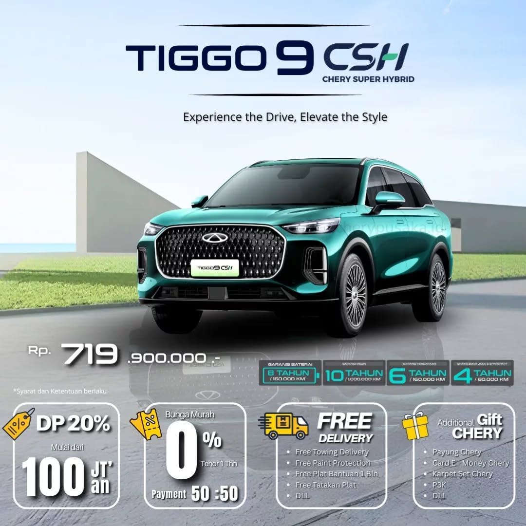 cherycibubur's tweet photo. Tiggo 9 CSH – Experience the Drive, Elevate the Style 🌟
SUV flagship terbaru dari Chery dengan teknologi Super Hybrid yang powerful, stylish, dan mewah. 🚀⚡

🔥 Promo SaveTember:
✅ DP 20% mulai 100 Jt’an
✅ Bunga 0% Tenor 1 Tahu… https://t.co/I9JqLcLUed https://t.co/jTMZDgKopX